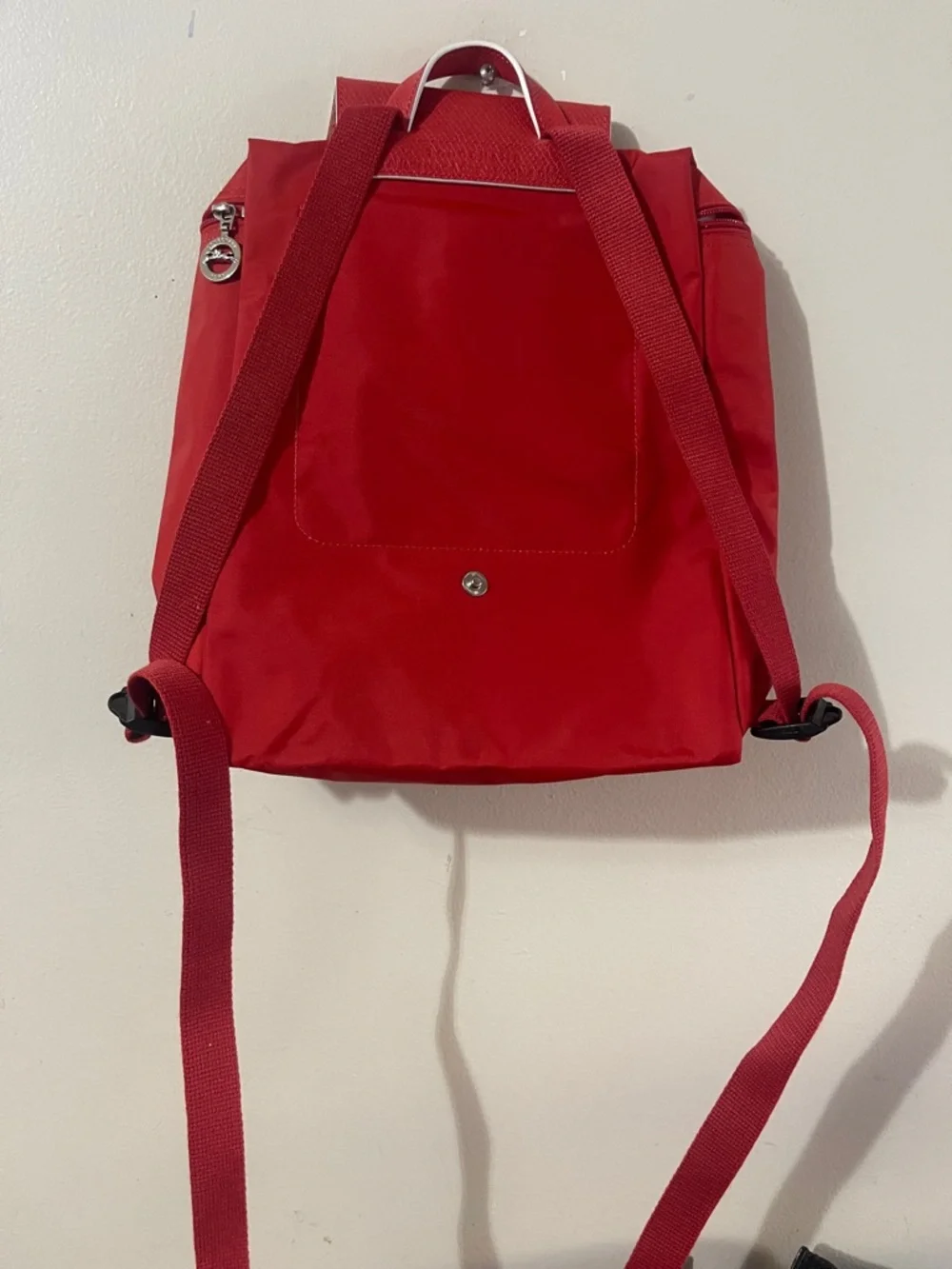 Longchamp Red Nylon Small Backpack with Silver Horse Emblem